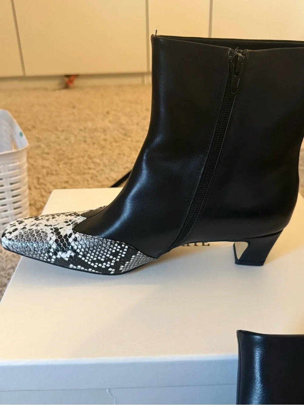 Designer Ankle Boots with Black-and-White Snake-Print Toe US 8